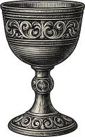 A detailed metal goblet with ornate scrollwork and a raised pedestal stem, vintage and decorative.