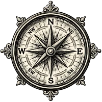 A vintage ornate compass rose with cardinal directions and decorative metallic detailing.
