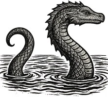 A coiled sea serpent rising from dark water, long scaly neck and head against a starry night background.