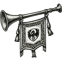 A decorative vintage horn with a hanging banner featuring a crested emblem and tassels.