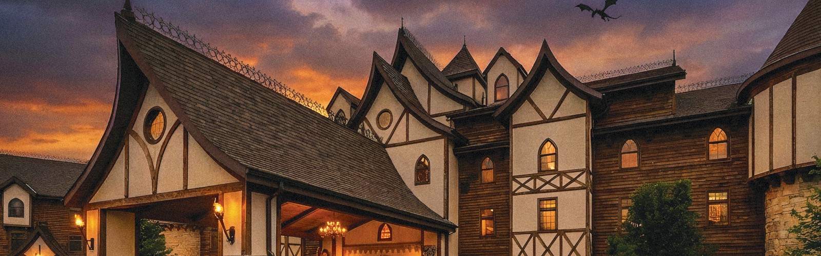 A large Tudor-style hotel with timber frames, stone accents, warm lights, a curved driveway, and a dramatic sunset sky above.