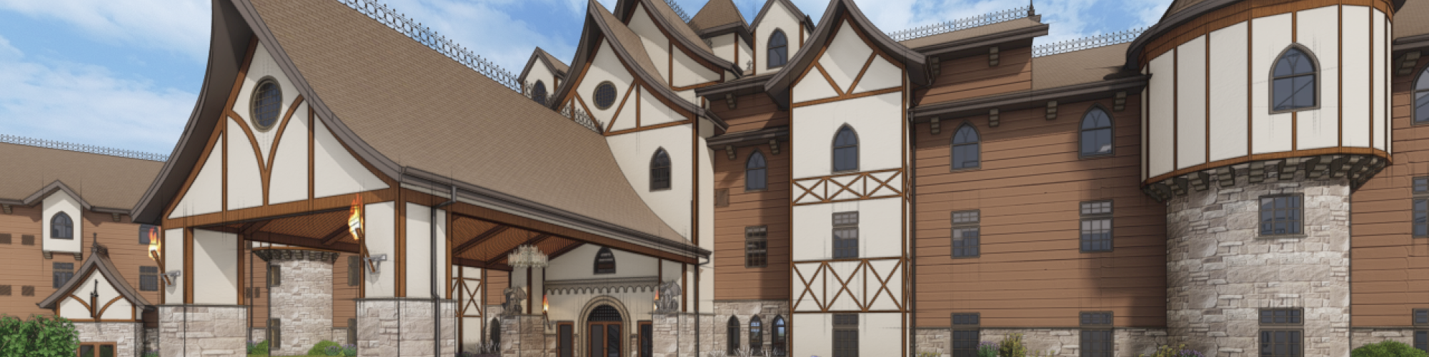 The image shows a large, elegant building with a mix of stone and timber elements, featuring complex rooflines and a landscaped entrance.