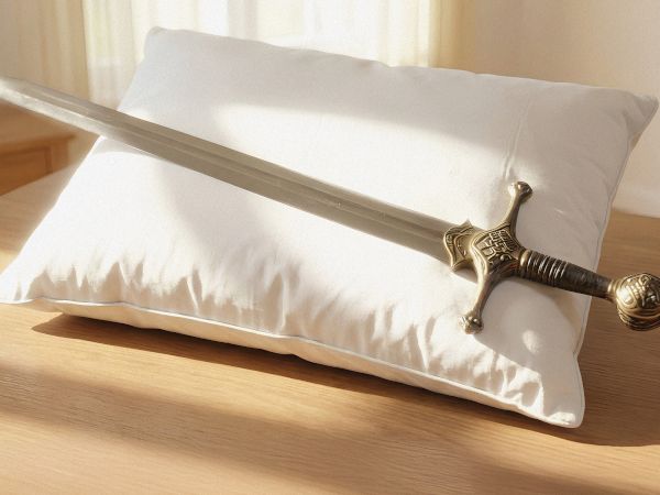 A long, ornate sword resting on a white pillow on a wooden table.
