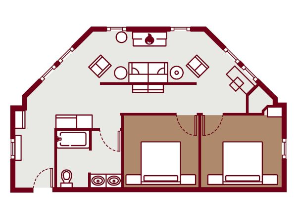 A floor plan of a small apartment with a living area, kitchen, bathroom, and two bedrooms, plus a furniture layout.