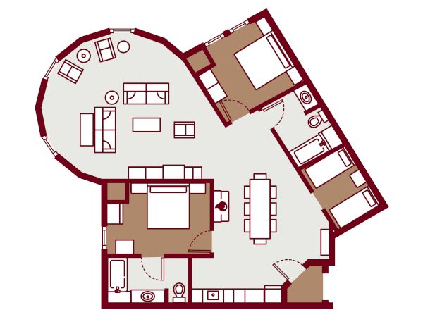 A colorful floor plan of an apartment with multiple rooms: a circular living area, bedrooms, kitchen, dining area, and bathrooms, all outlined in red-brown and light beige tones.