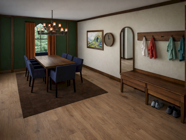 A midcentury-style dining room with a long wooden table, blue chairs, chandelier, and a coat rack area with benches and shoes.