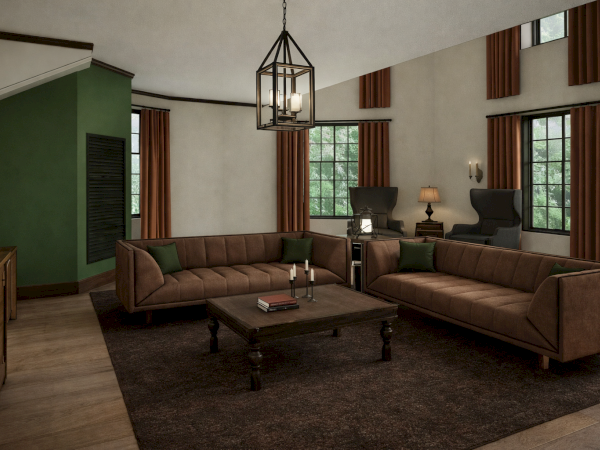 A cozy living room with two brown couches, a dark wooden coffee table, green accent wall, and large windows with brown curtains; warm lighting.