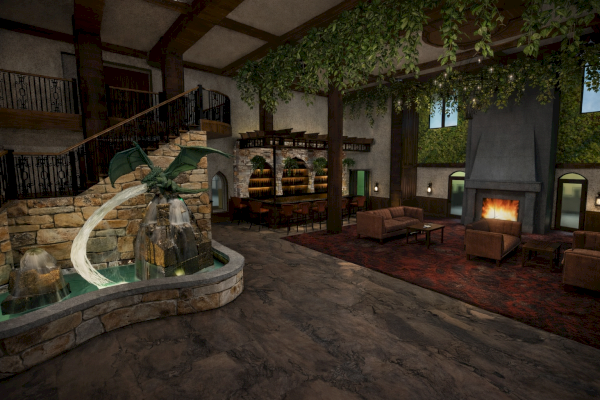A cozy, dimly lit living room with a curved staircase, wooden beams, potted plants, and warm fireplace glow.