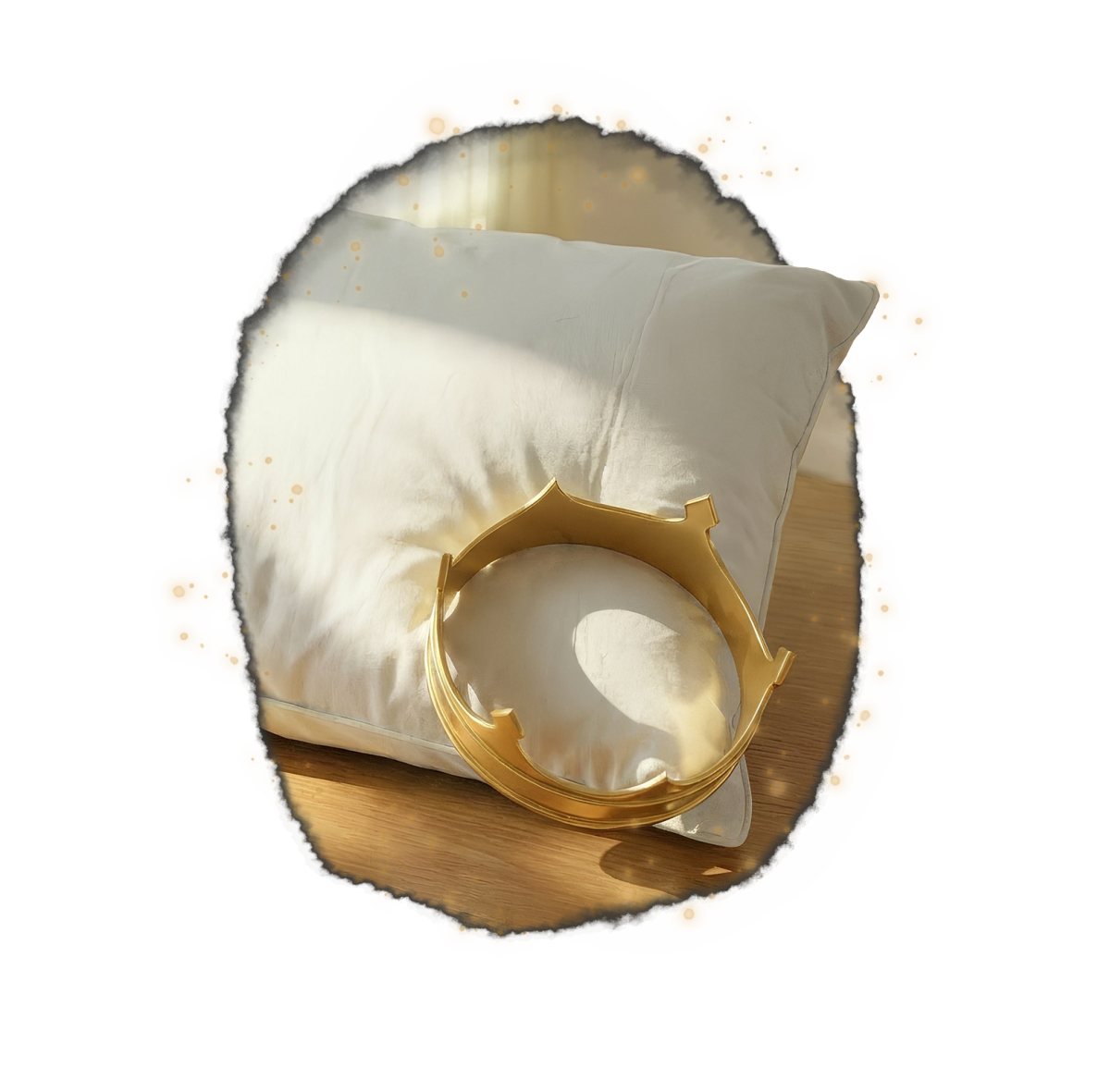 A cozy throw pillow with a soft, cream-colored cover sits atop a round decorative cushion ring, resting on a wooden surface.