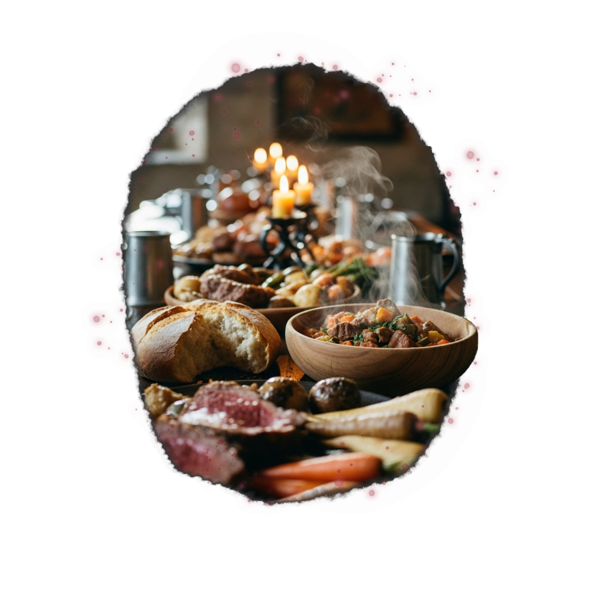 A festive feast with roasted meat, bread, bowls of savory dishes, candles, and a cozy table setting.