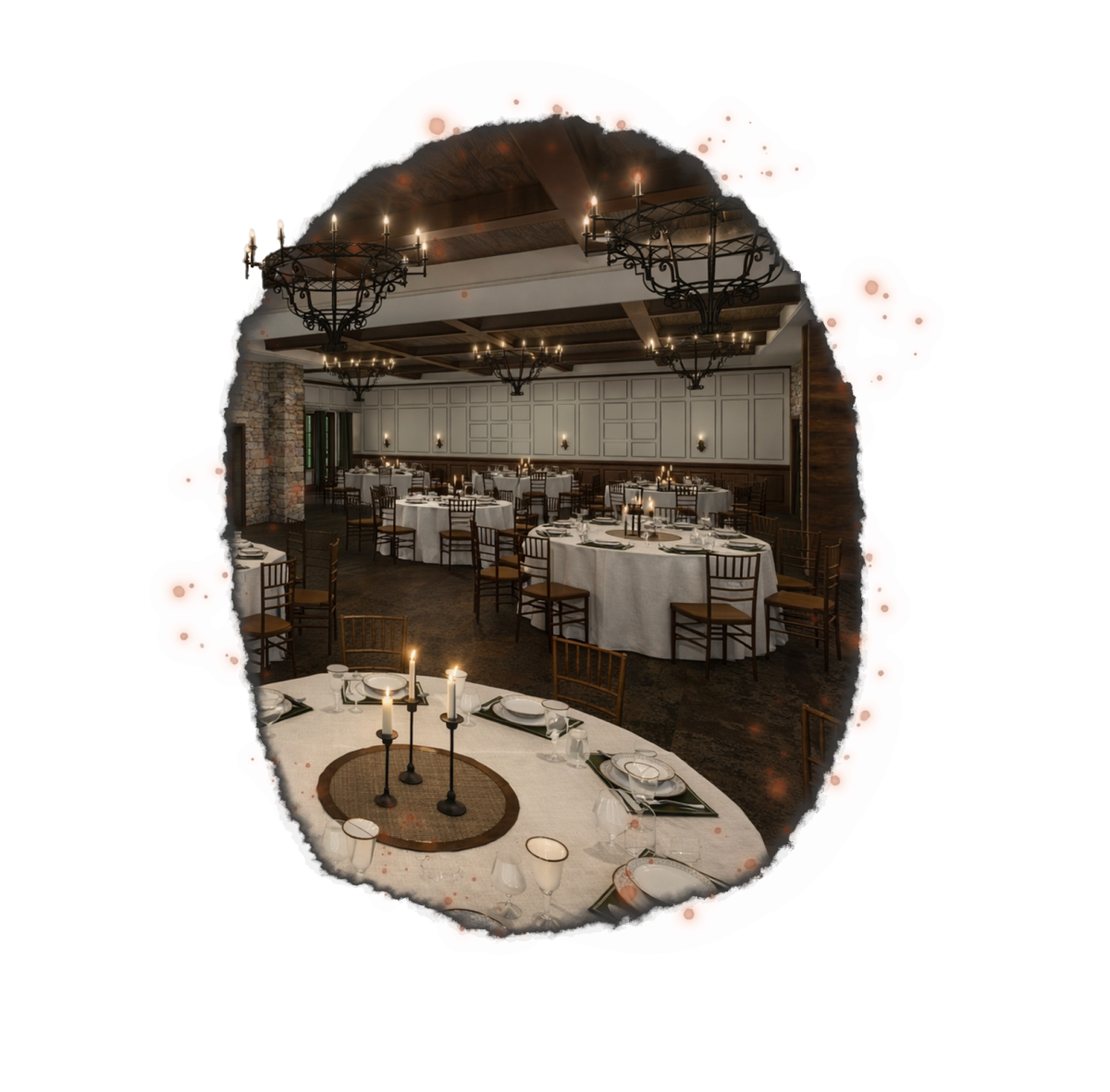 A cozy, elegant restaurant with candlelit tables, rustic chandeliers, and a warm, intimate dining setup.
