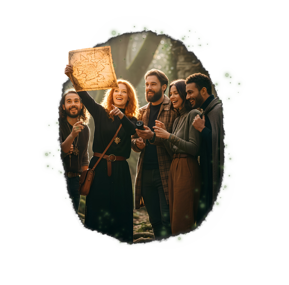 A group of people celebrating, one holding a glowing card or map aloft, with a green decorative circle in the background. end sentence.
