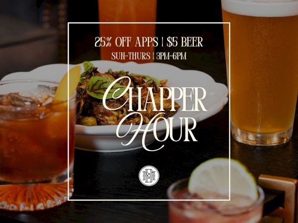 A bar promo sign showing &ldquo;25% OFF APPS | $5 BEER,&rdquo; Sun&ndash;Thurs 3&ndash;6pm, with a beer and snacks on the table.