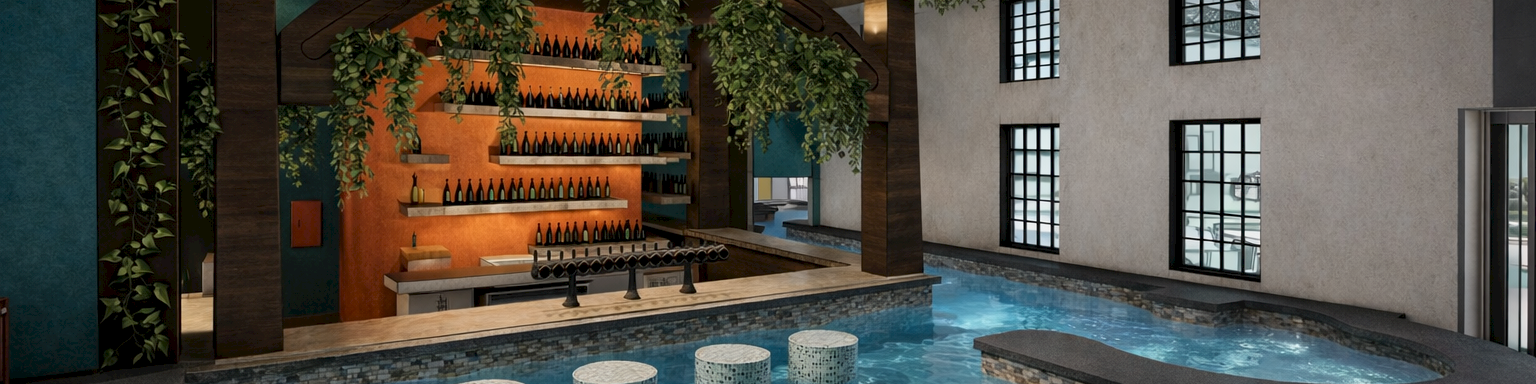 A luxurious indoor pool area with a serpentine pool, stepping stones, and a stylish bar area framed by greenery and wooden beams, inside a bright room.