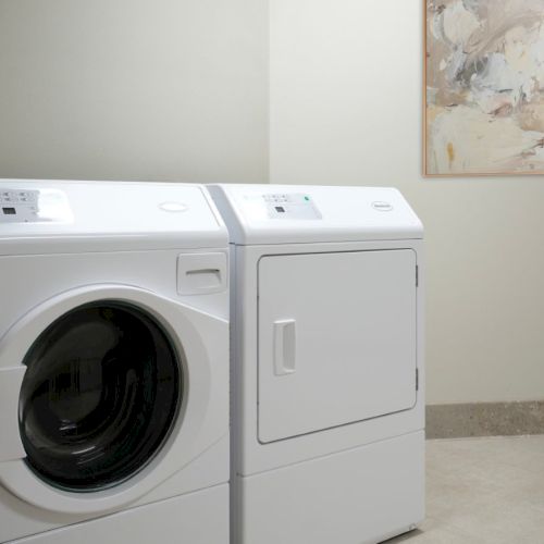 A laundry room with a front-loading washing machine and a white dryer side by side against a pale wall, a framed abstract painting on the wall.