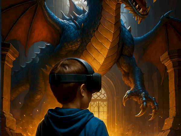A boy wearing a VR headset faces a fierce blue dragon inside a burning, cathedral-like hall.