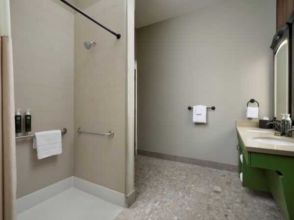 A hotel bathroom with a walk-in shower, grab bars, towel rails, and a green vanity with two sinks; neutral walls and tile floor.