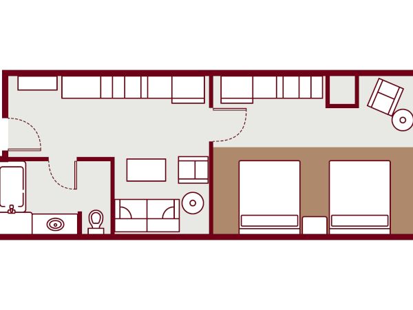 A floor plan of a small apartment: a long rectangular layout with two bedrooms (two beds), a shared living area, kitchen, bathroom, and hallway.