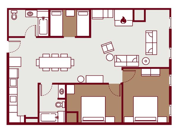 Open-plan apartment floor plan with two bedrooms, a kitchen/dining area, living room, bathrooms, and closets. End with a period.