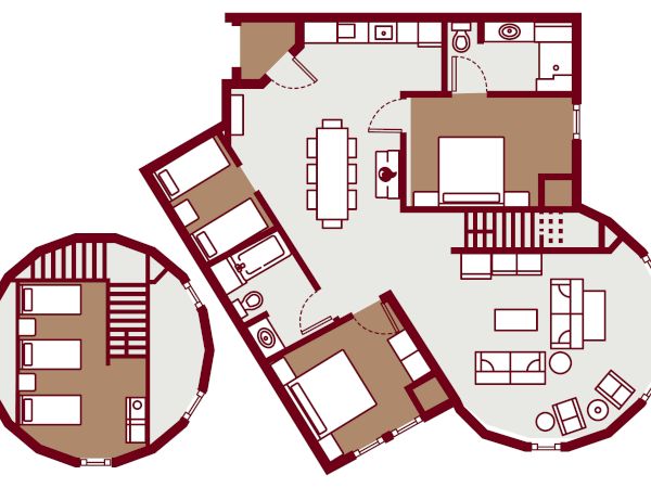 A modern apartment floor plan with two connected circular/rounded sections and a central open kitchen, dining area, and living space.