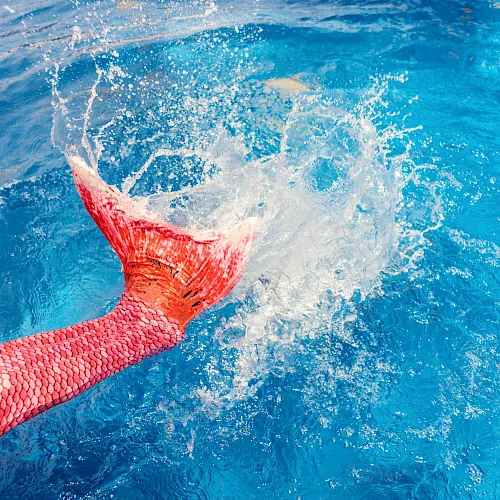 A swimmer in the water splashes hard, with a red body suit breaking the surface during a fast stroke.