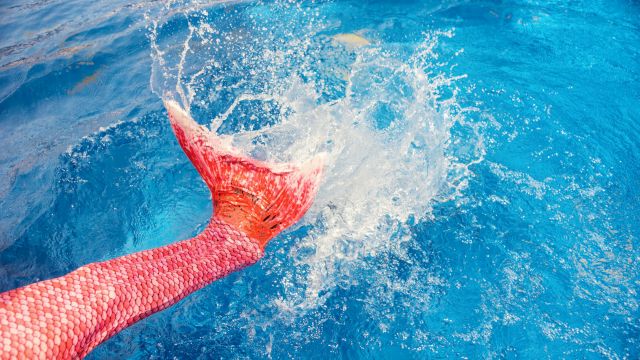 A swimmer in the water splashes hard, with a red body suit breaking the surface during a fast stroke.