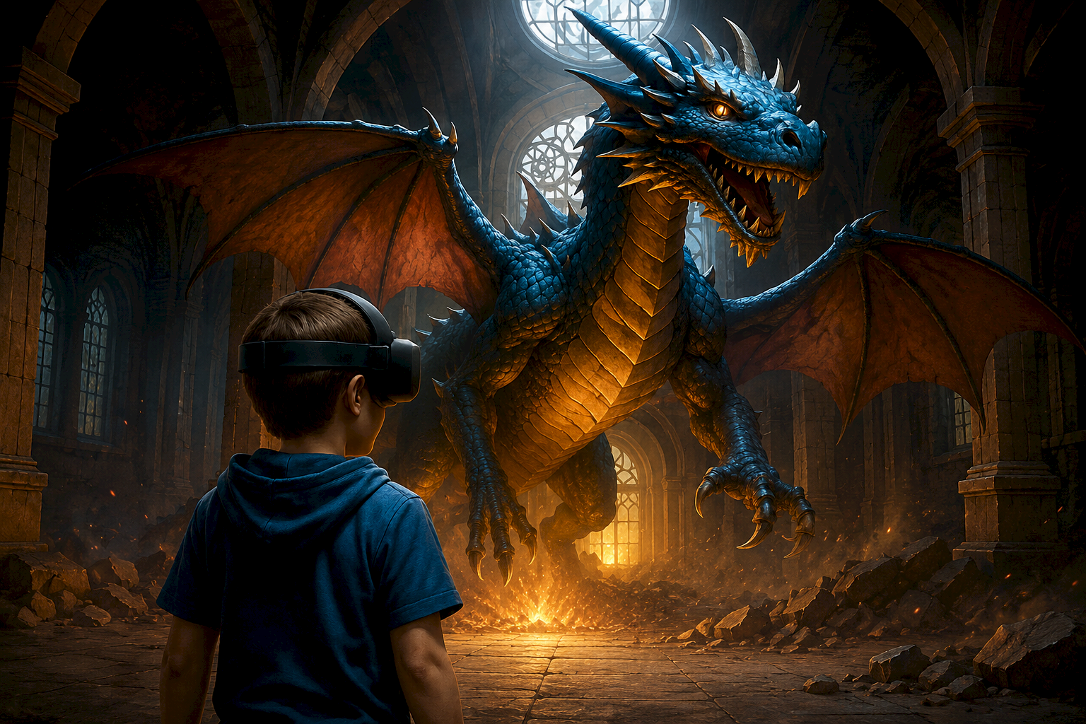 A boy wearing VR goggles faces a huge blue dragon with wings in a smoky stone hall.