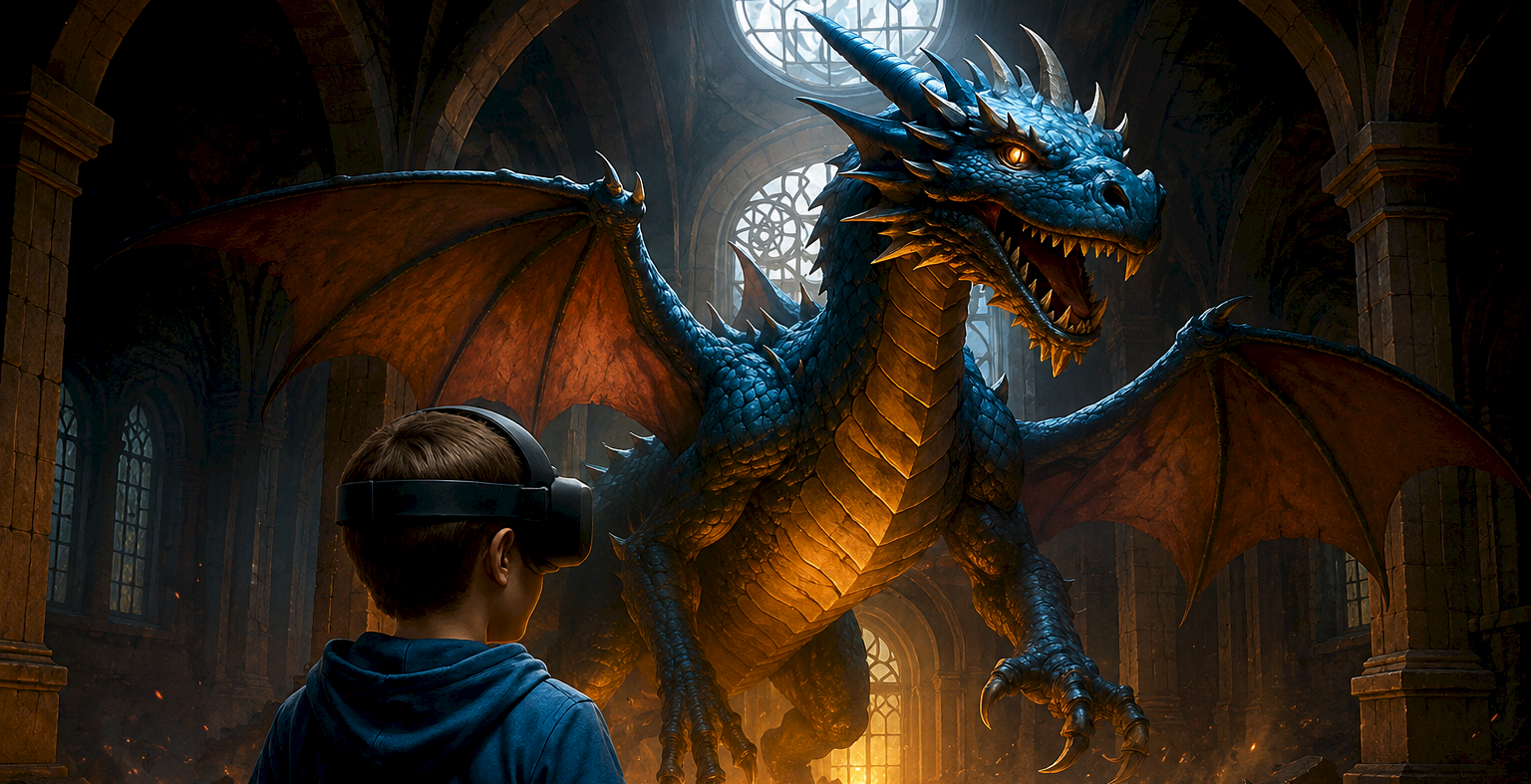 A boy wearing VR goggles faces a huge blue dragon with wings in a smoky stone hall.
