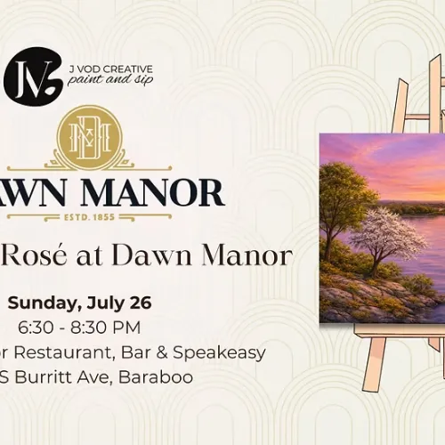 An event poster for &ldquo;Rossetti & Ros&eacute; at Dawn Manor&rdquo; on Sunday, July 26 from 6:30&ndash;8:30 PM at Dawn Manor Restaurant, Bar & Speakeasy.