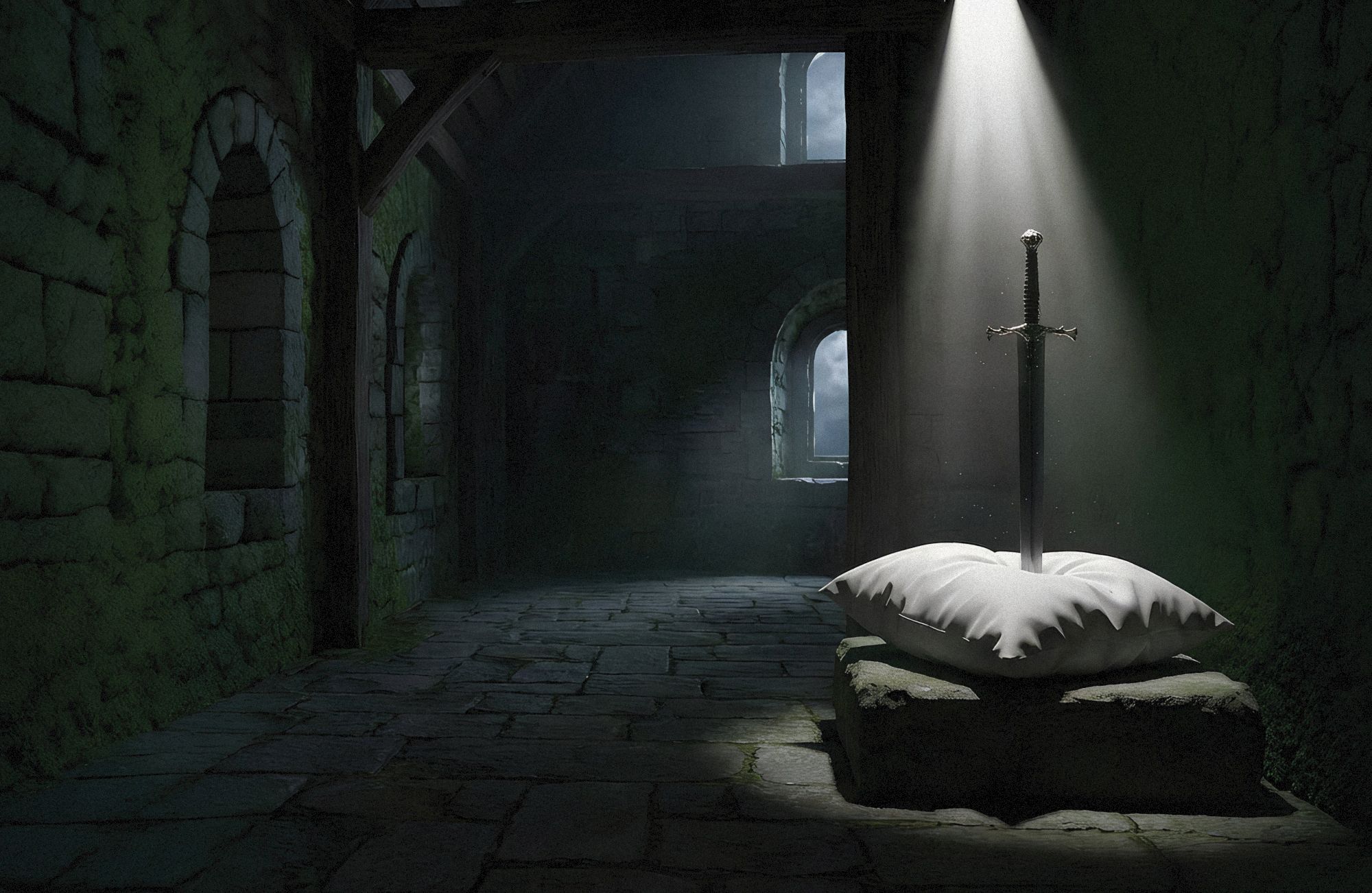 In a dark stone corridor, a sword stands upright in the floor as a spotlight hits, with a fallen white shark-like shape nearby.