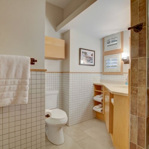 Modern bathroom with tiled walls, a vanity sink, toilet, and a glass-enclosed shower with a towel rack.