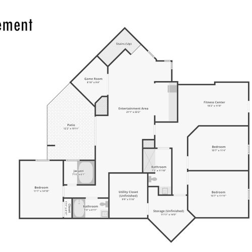 A basement floor plan showing game room, entertainment area, fitness center, bedrooms, patio, and stairs.