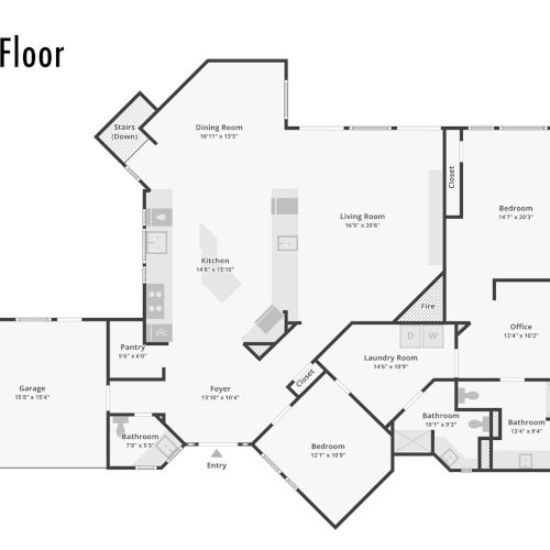 A house main-floor layout map showing the kitchen, living room, dining room, bedrooms, bathrooms, laundry, garage, and stairs.