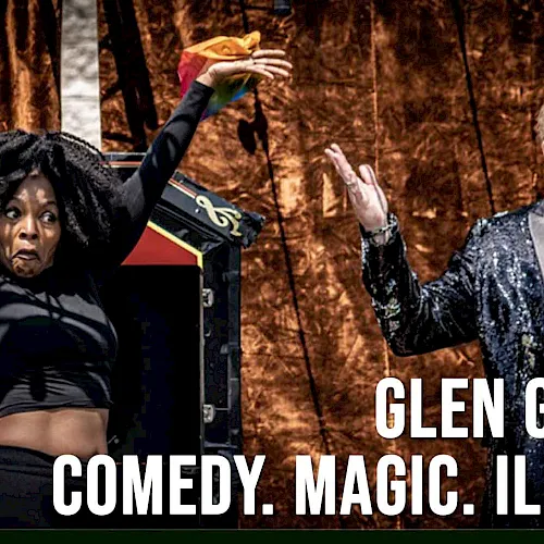 A magician performer poses onstage with assistants, under the text &ldquo;Comedy. Magic. Illusion&rdquo; and &ldquo;Glen Gerard.&rdquo;