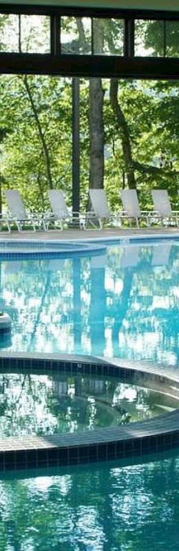 An indoor pool area with clear water and large windows revealing an outdoor view of trees and lounge chairs.