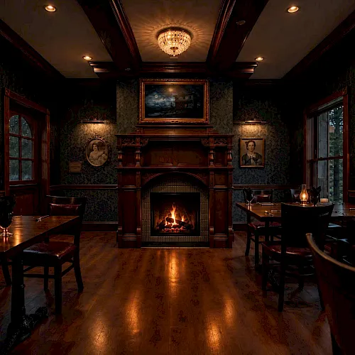 A cozy dining room with a lit fireplace, dark wood mantel, chandelier overhead, and set tables by large windows.