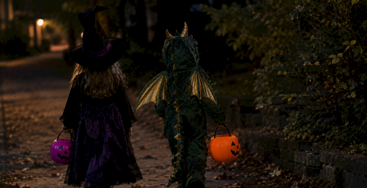 Two kids in witch and monster costumes walk trick-or-treat at dusk, carrying glowing jack-o&rsquo;-lantern buckets of candy outdoors.